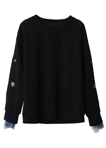 Black O Neck Sequins Patchwork Cotton Sweatshirt Long Sleeve