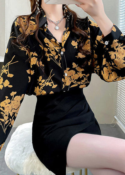 Black Peter Pan Collar Button Print Chiffon Shirt Tops Spring