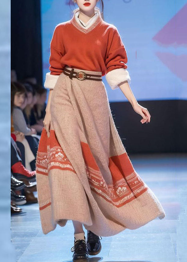 Art Red V Neck Print Cotton Knit Sweaters and Maxi Skirts Two Pieces Set Fall