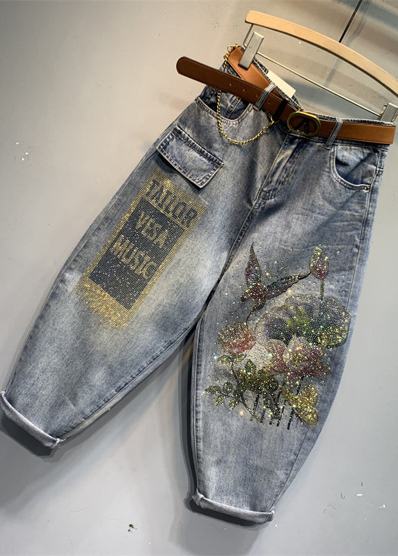 Blue Print Pockets Cotton Denim Crop Pants Summer