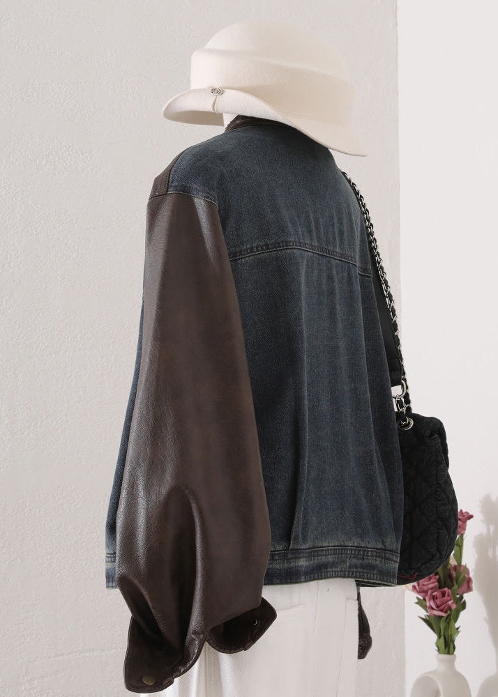 O Neck Pockets Faux Leather Patchwork Denim Coat Fall