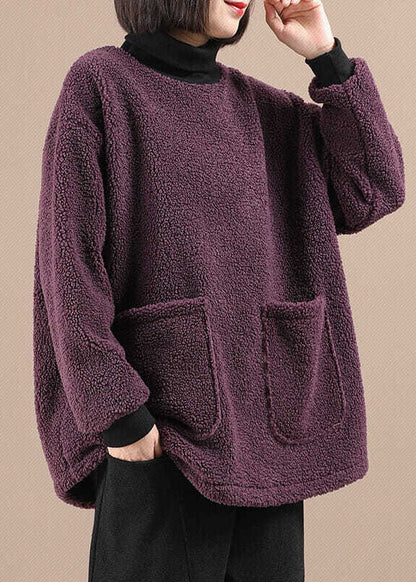 Purple Pockets Patchwork Faux Fur Fleece Sweatshirt Long Sleeve