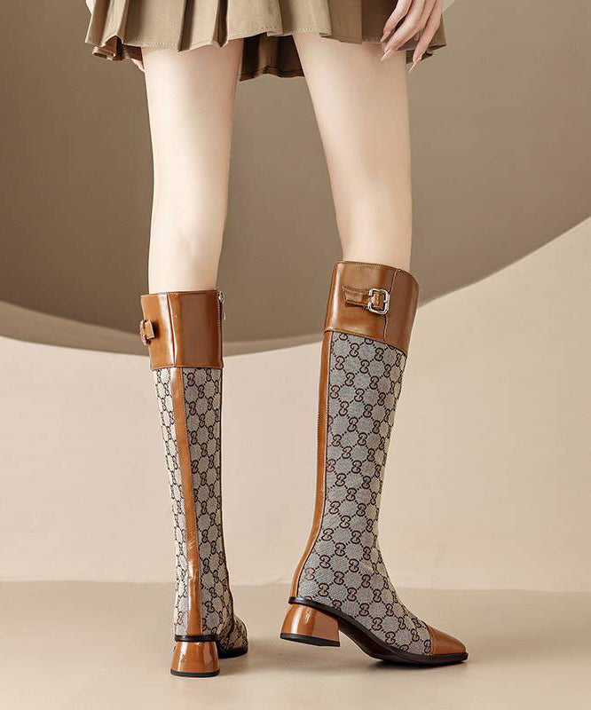 European and American Style Brown Splicing Zippered Chunky Long Boots