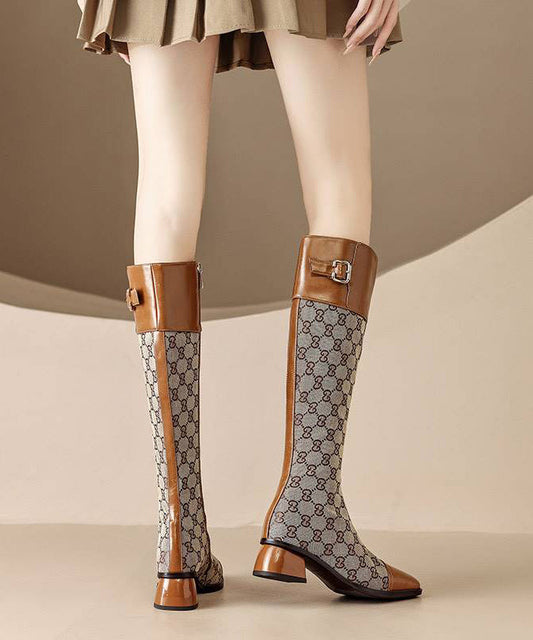 European and American Style Brown Splicing Zippered Chunky Long Boots