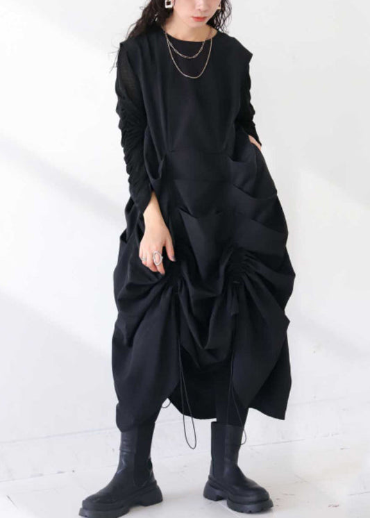 Black Cotton Robe Dresses Drawstring Wrinkled Sleeveless Fall
