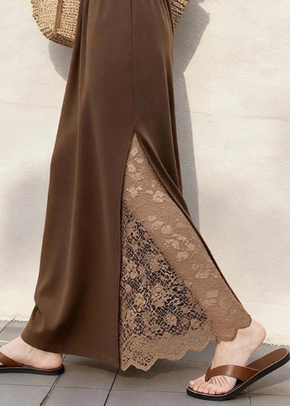 Coffee Lace Patchwork Elastic Waist Cotton Skirts Winter