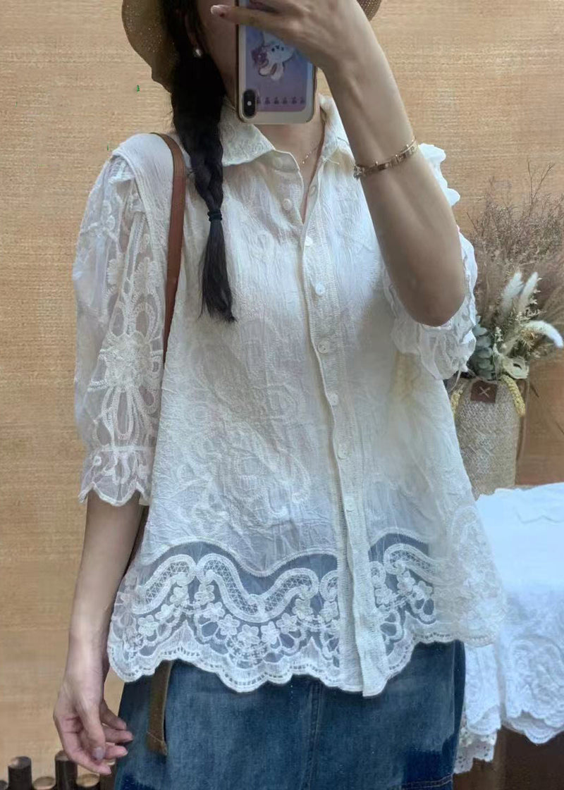 White Embroidered Cotton Top Half Sleeve