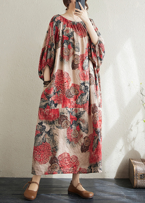 Red O Neck Print Cotton Long Dress Puff Sleeve