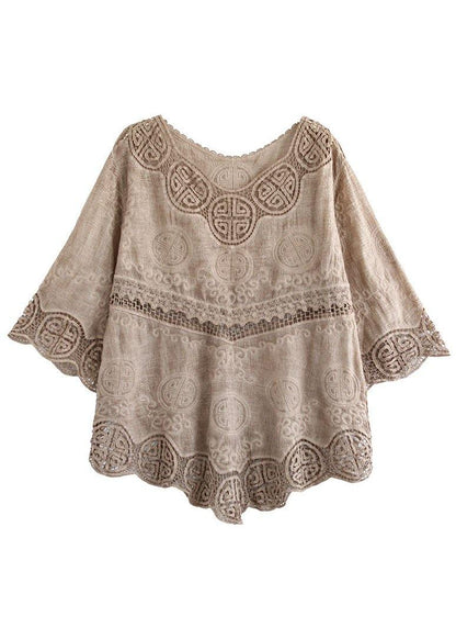 Stylish Khaki O-neck Embroideried Summer Asymmetrical Design Top