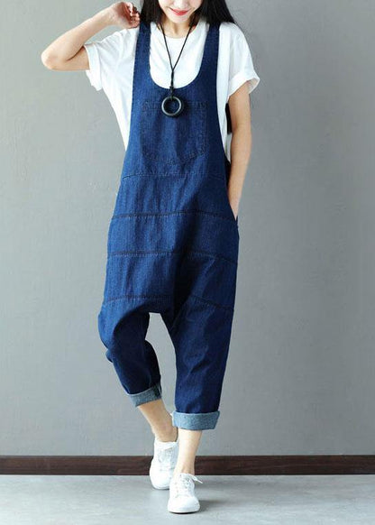 Blue Pockets Wrinkled Harem Fall Cotton Romper