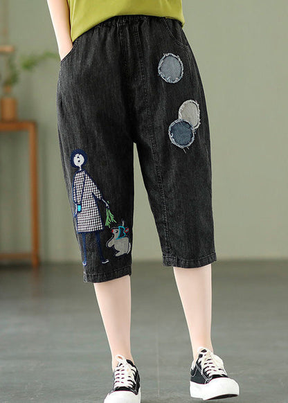 Blue Embroidered Print Elastic Waist Denim Crop Pants Summer