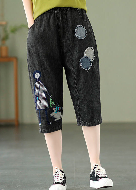 Blue Embroidered Print Elastic Waist Denim Crop Pants Summer