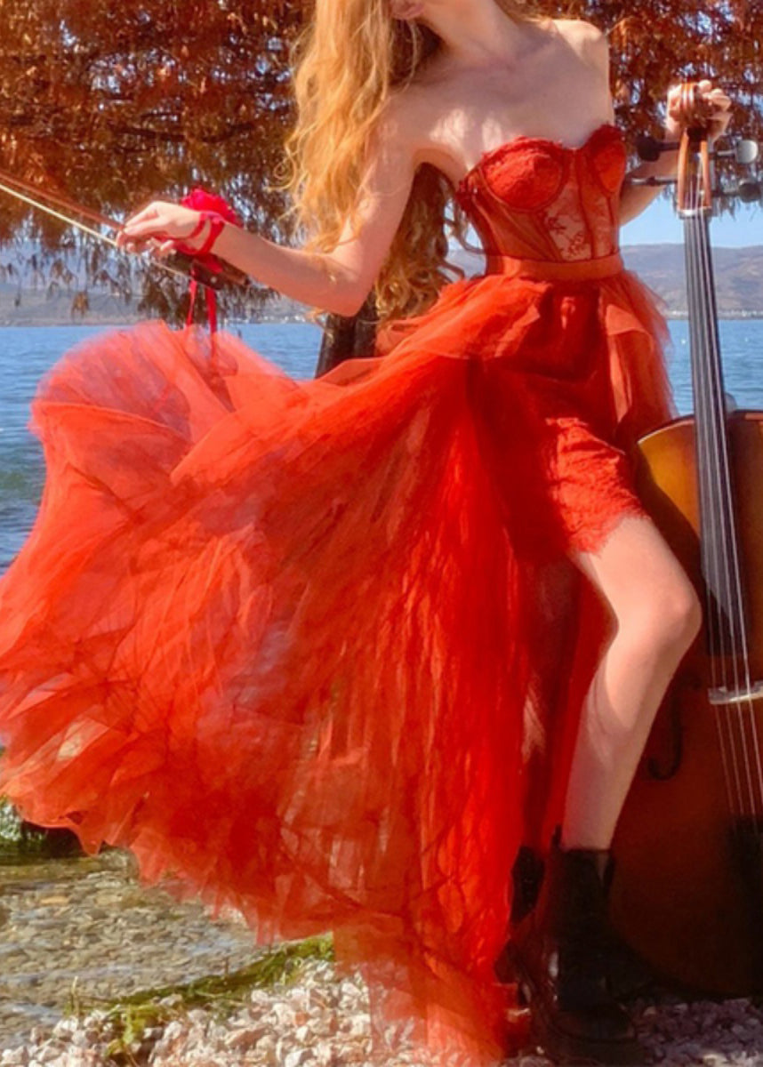 Red Asymmetrical Design Cold Shoulder Tulle Maxi Dresses Sleeveless