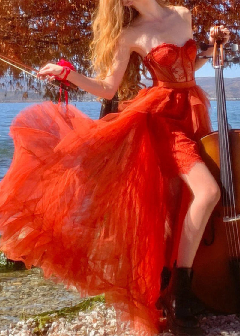 Red Asymmetrical Design Cold Shoulder Tulle Maxi Dresses Sleeveless