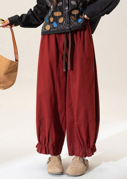 Red Ruffled Patchwork Straight Pants