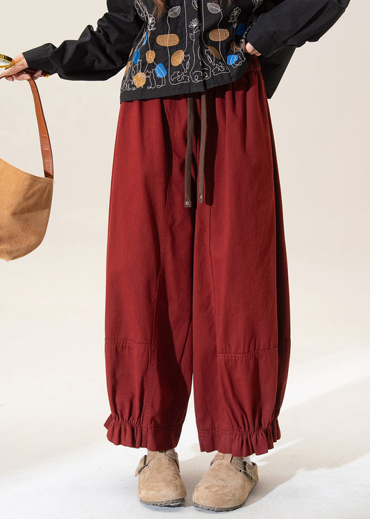 Red Ruffled Patchwork Straight Pants