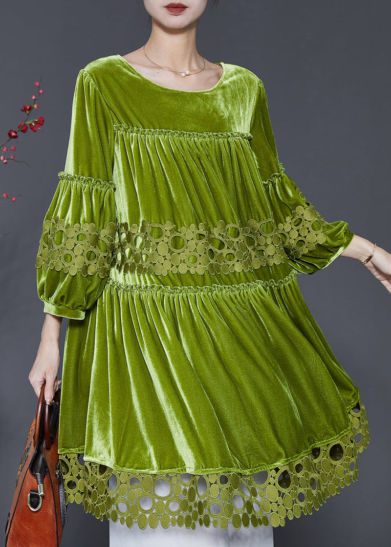 Handmade Grass Green Oversized Patchwork Silk Velour Dresses Spring