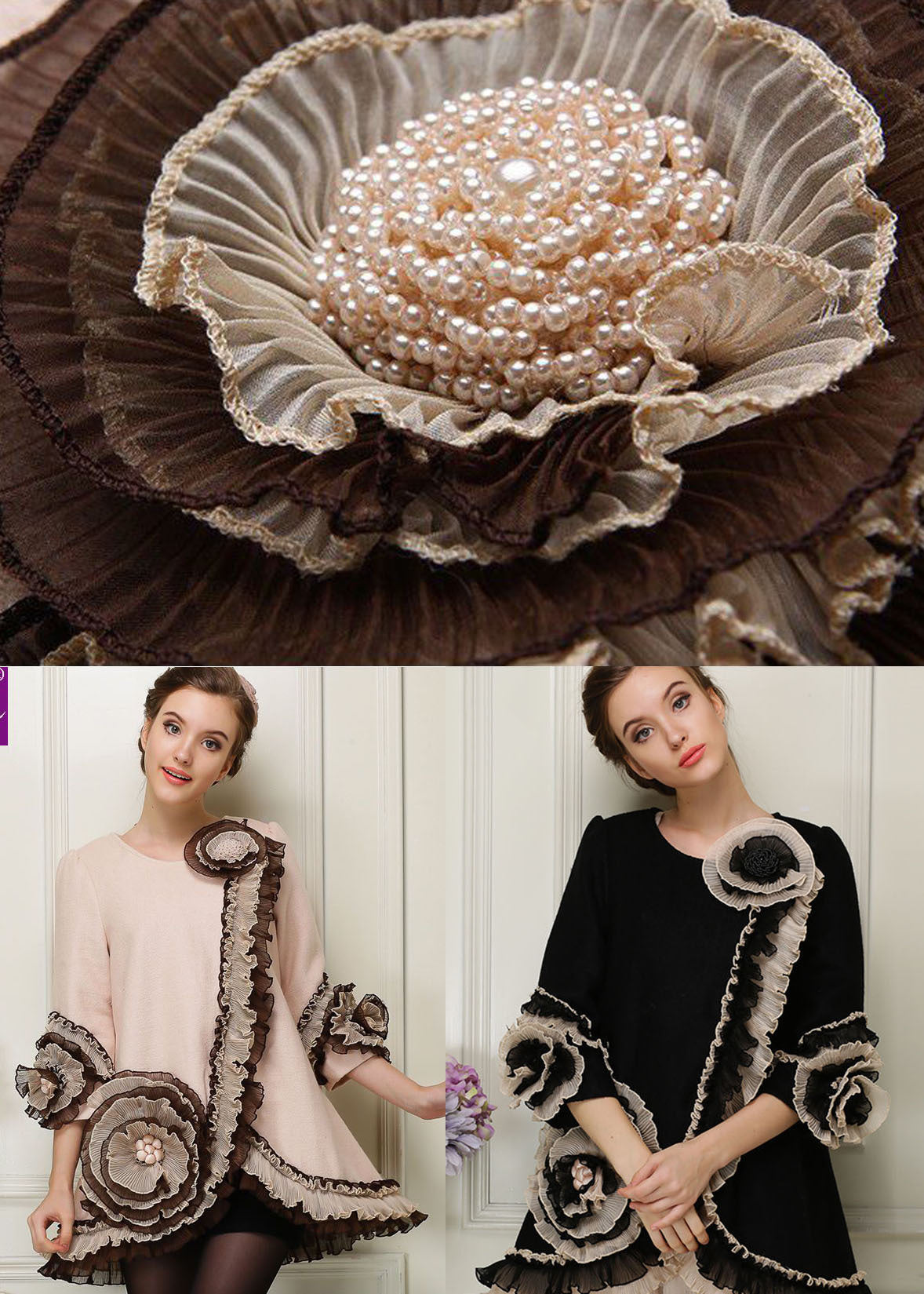 Black O-neck Nail Bead Woolen Coats Bracelet Sleeve