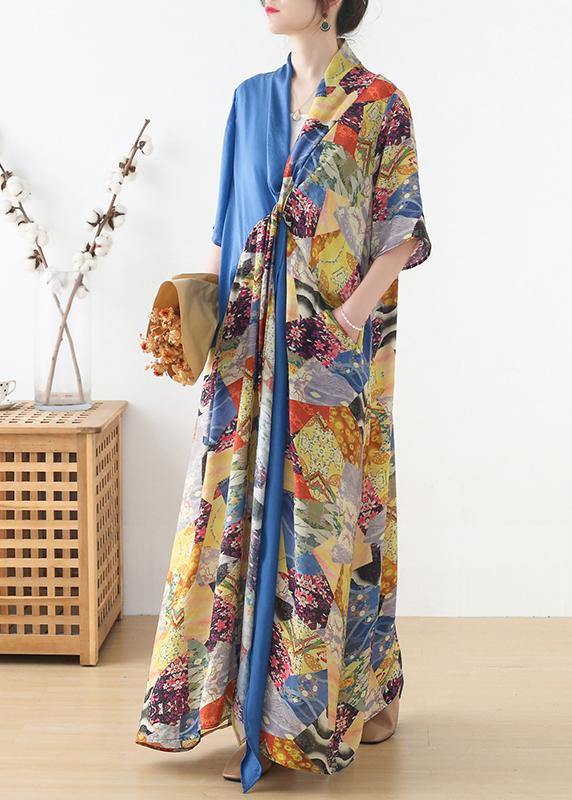 Simple Blue Print Patchwork Summer Chiffon Dress