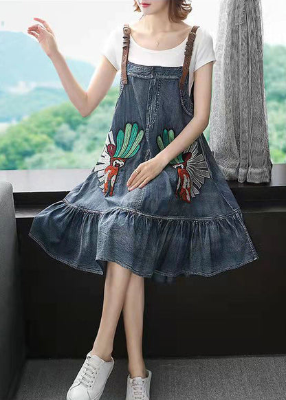 Blue Low High Design Embroideried Spaghetti Strap Party Dress Sleeveless