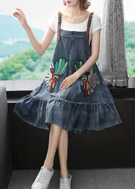Blue Low High Design Embroideried Spaghetti Strap Party Dress Sleeveless