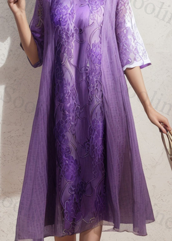 Italian Purple O Neck Print Patchwork Silk Dresses Summer