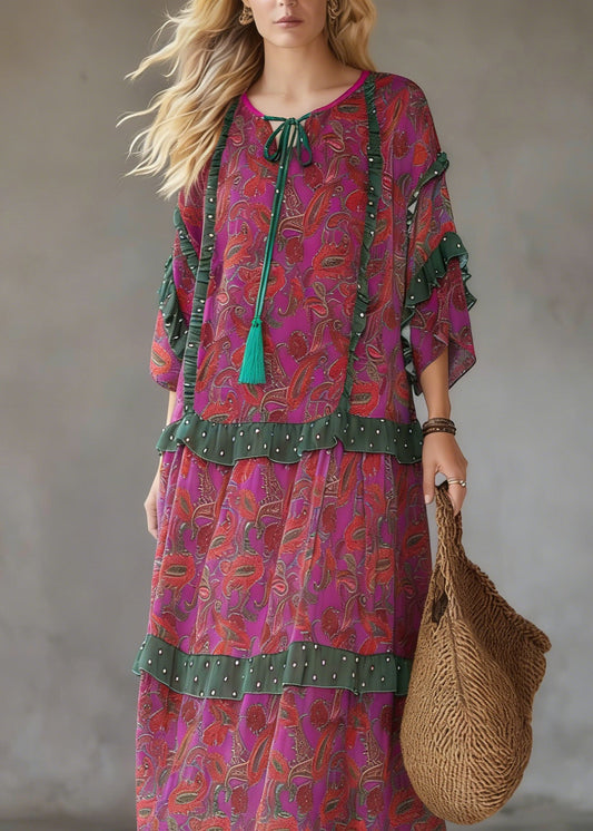 Purple Red Print Ruffled Chiffon Party Dress Summer
