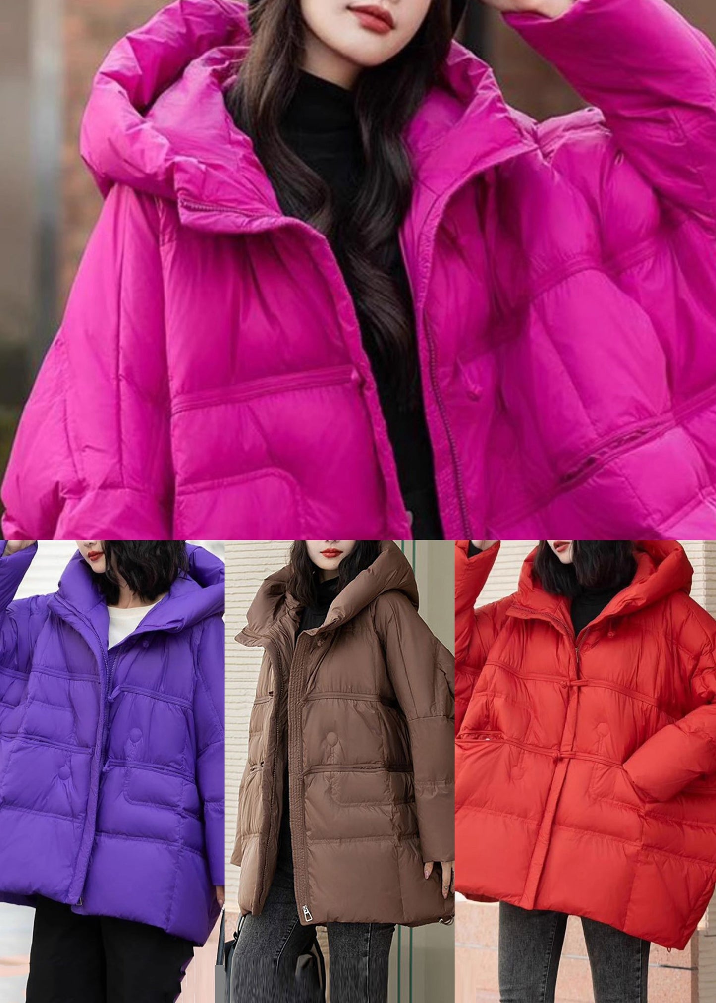 Purple Cotton Blend Puffers Jackets Oversized Hooded Winter