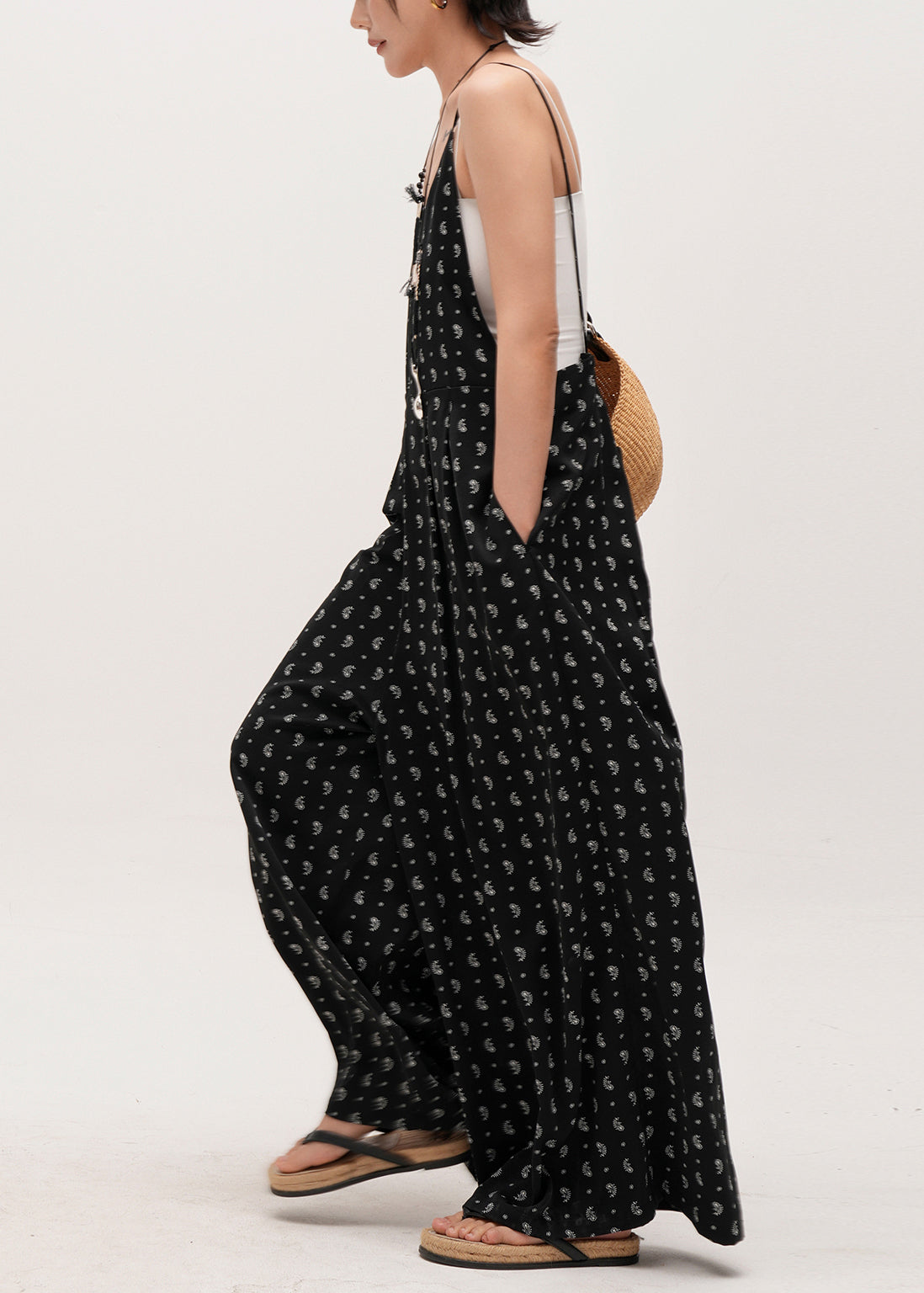 Black Oversized Print Cotton Overalls Jumpsuit Summer