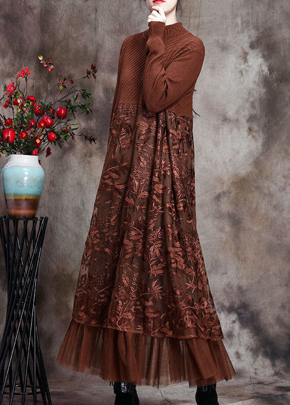 Chocolate O-neck Embroideried Patchwork Fall Long Knit Dress