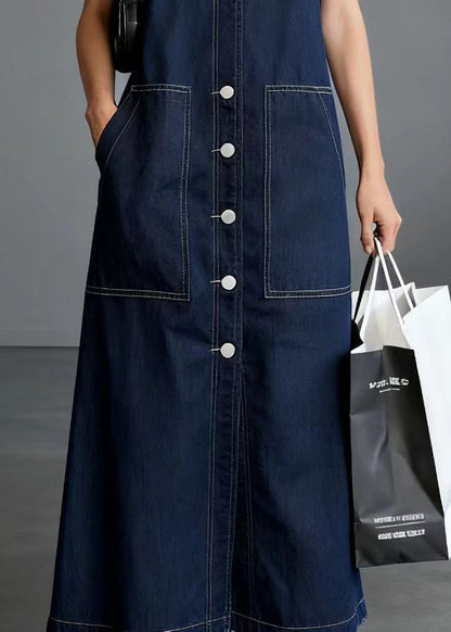 Unique Navy V Neck Side Big Pockets Denim Straight Dresses Sleeveless