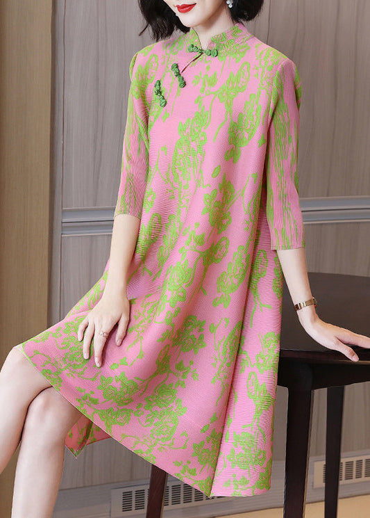 Pink Mandarin Collar Wrinkled Silk Oriental Dresses Half Sleeve