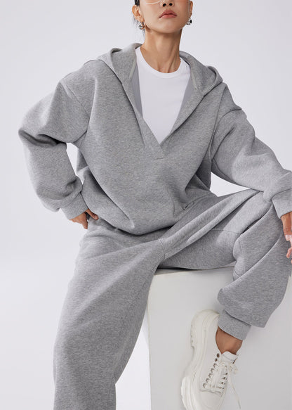 Grey Hooded Cotton Pullover Sweatshirt Two Pieces Set Fall