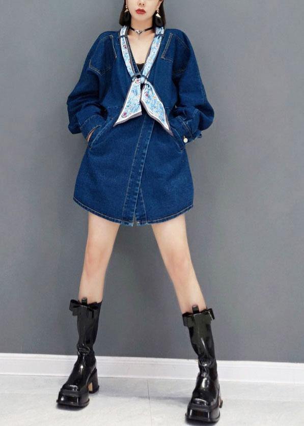 Denim Blue V Neck Pockets Button Fall Shirts Long Sleeve