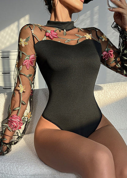 Black Embroideried Hollow Out Tulle Bodysuit