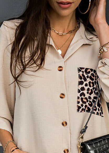 Khaki Patchwork Leopard Print Cotton Shirt Draping Long Sleeve