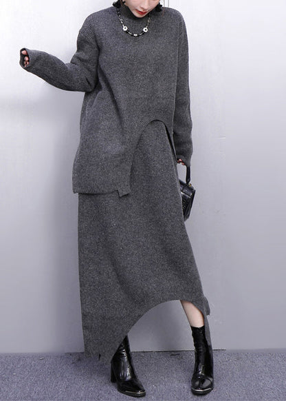 Grey High Neck Side Open Knit Two Pieces Set Winter