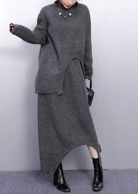 Grey High Neck Side Open Knit Two Pieces Set Winter