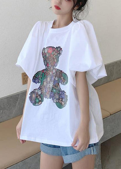 White Bear Print Cotton Tank Tops Puff Sleeve Summer