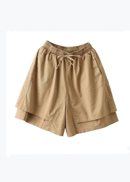 Khaki Pockets Patchwork Elastic Waist Cotton Shorts Summer