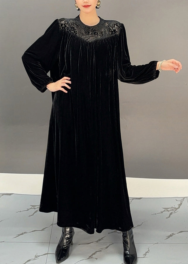 Purple O-neck Wrinkled Silk Velour Maxi Dresses Winter