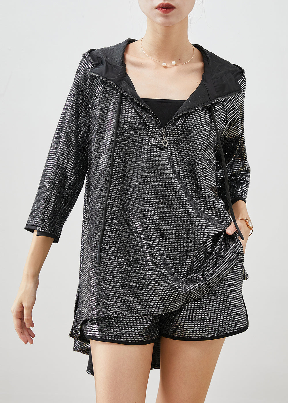Black Sequins Low High Design Two Pieces Set Spring