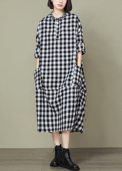 Big Plaid Pockets Patchwork Cotton Long Dresses Fall