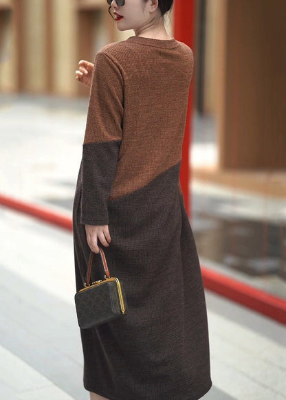 Colorblock O Neck Cozy Knit Long Dress Winter