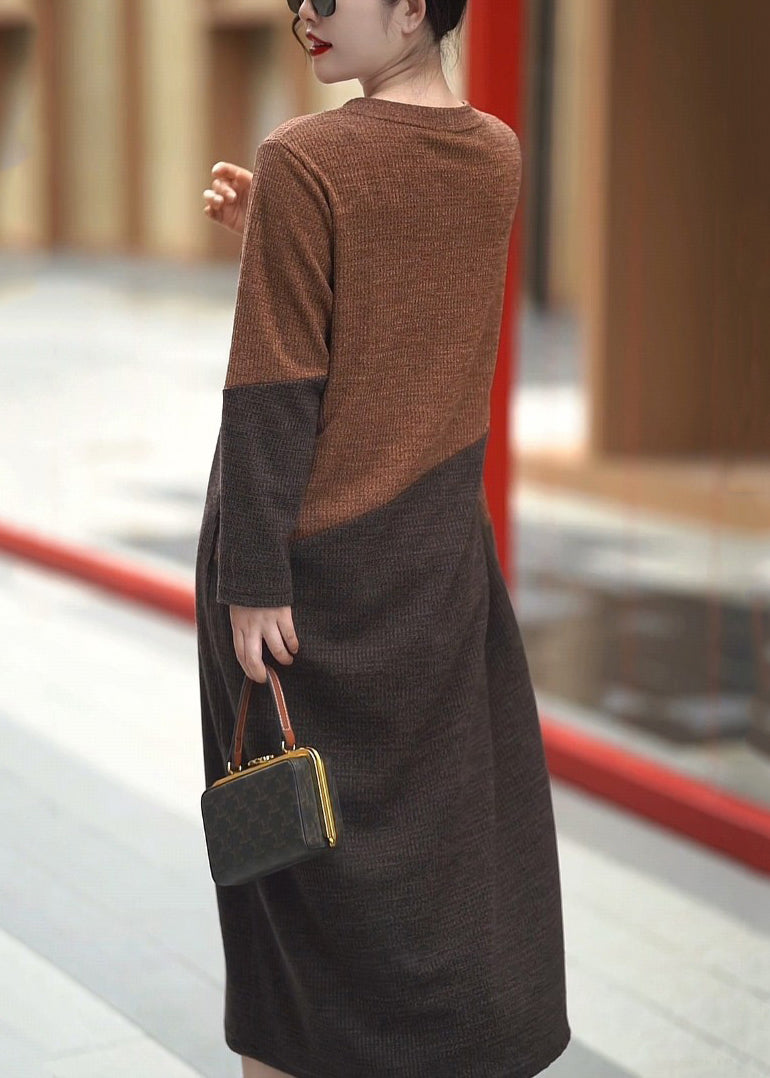 Colorblock O Neck Cozy Knit Long Dress Winter