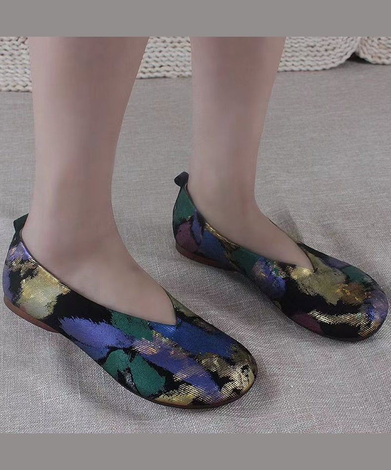 Handmade Style Lavender Printed Genuine Leather Flats Shoes