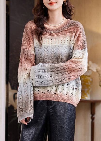 Coffee O-neck Print Cotton Knit Sweater Fall