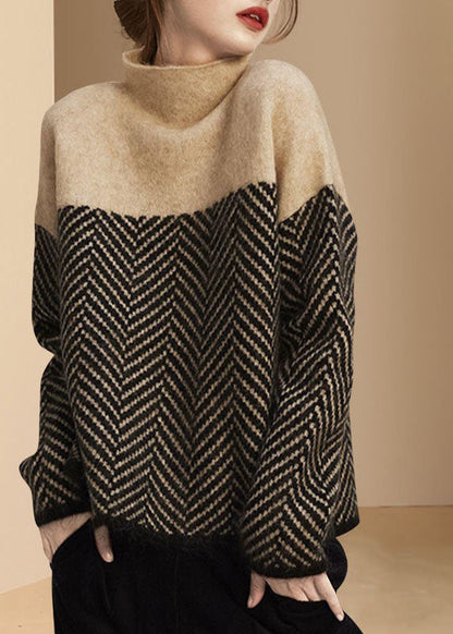 Khaki Turtle Neck Patchwork Knit Pullover Winter