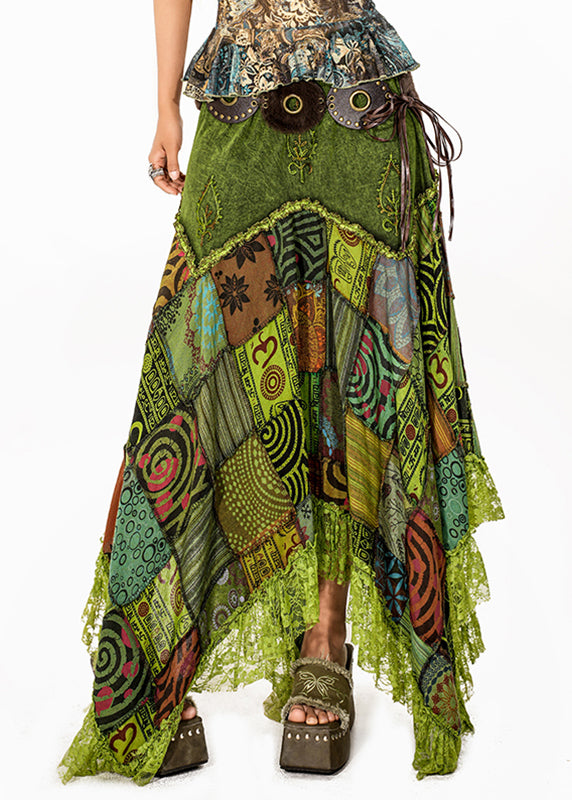 Green Print Lace Patchwork Maxi Skirt