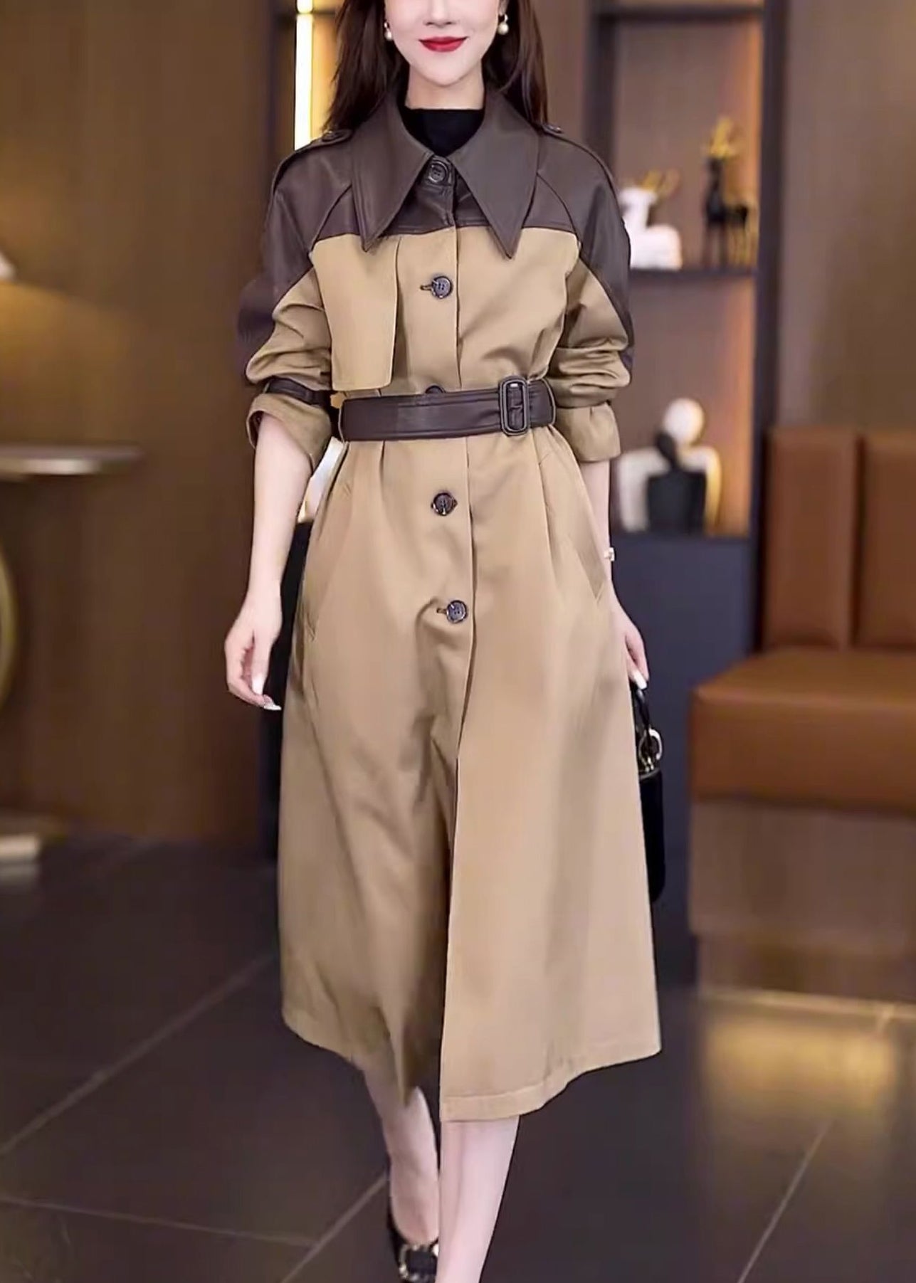 New Khaki Button Tie Waist Patchwork Cotton Long Trench Coat Spring